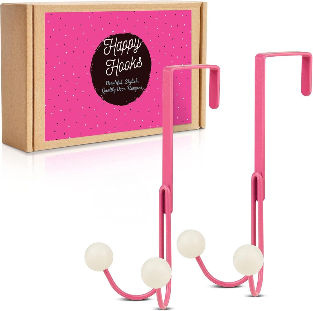 Overdoor Hanger - Pink Door Hooks for Hanging Clothes & Towels (Pink, 2-Pack)