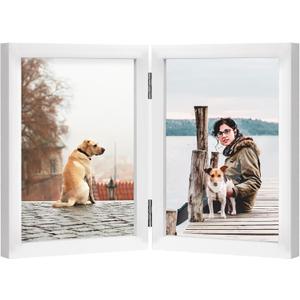 FOREV 5x7 Double Picture Frame Wooden Hinged Photo Frame Definition Glass Stand Vertically on Desktop or Tabletop White
