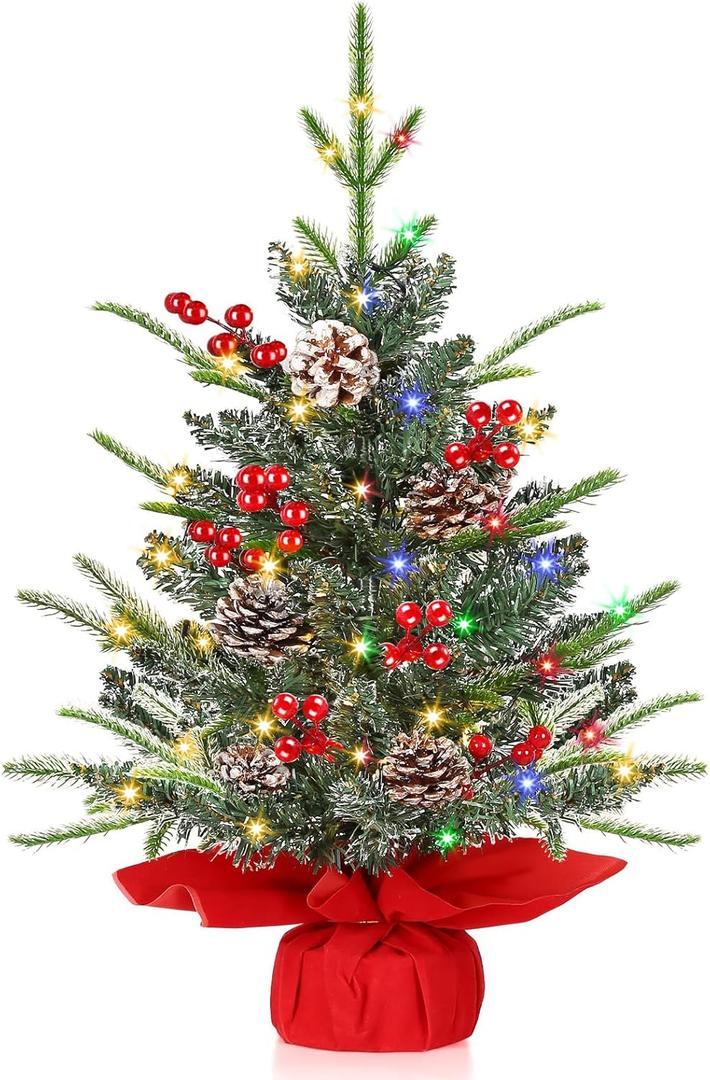 [ 12 Modes & Timer] 24 Inch Realistic Tabletop Christmas Tree Small Christmas Tree with 50 Warm White&Colored Lights Battery Red Berries Pine Cone Burlap Base Indoor Home Table Christmas Decorations (Cyan and White)