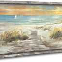 Beach Pathway Wall Art Framed: Coastal Wooden Artwork Hand Painted Seaside Painting Seascape Pictures Bedroom(40X20)