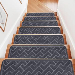 15 Pack 8 "X 30" Non Slip Stair Treads for Wooden Steps, Carpet Stair Treads Made of Polyester and Reusable Adhesive, Stair Runner Rugs for Kids, Elders and Dogs Pets (Gray) (Grey)