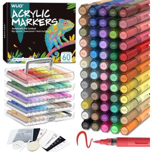 WUO 60 Colors Acrylic Paint Markers, Water-Based No-Bleed Markers, Automatic Ink Control Brush Tip for Multi-Surface, Acrylic Paint Pens for Rock Painting, Wood, Canvas, Glass, DIY Crafts