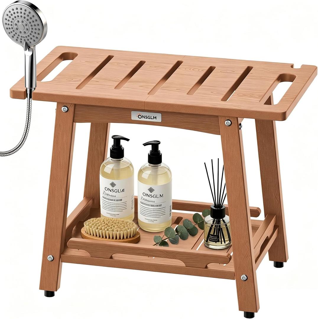 22" Large Shower Bench Seat, Non-Slip Shower Benches for Inside Shower to Sit on, HDPE Waterproof Shower Stool, Shower Chair with Adjustable Feet for Bathroom, Indoor/Outdoor Use, Teak