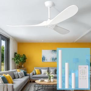 60 Inch White Ceiling Fan No Light, Wood Indoor Outdoor Ceiling Fans for Patios Living Room Bedroom Gazebo, Big 3 Blade Propeller Wet Rated Ceiling Fans for Sloped Angled Ceiling