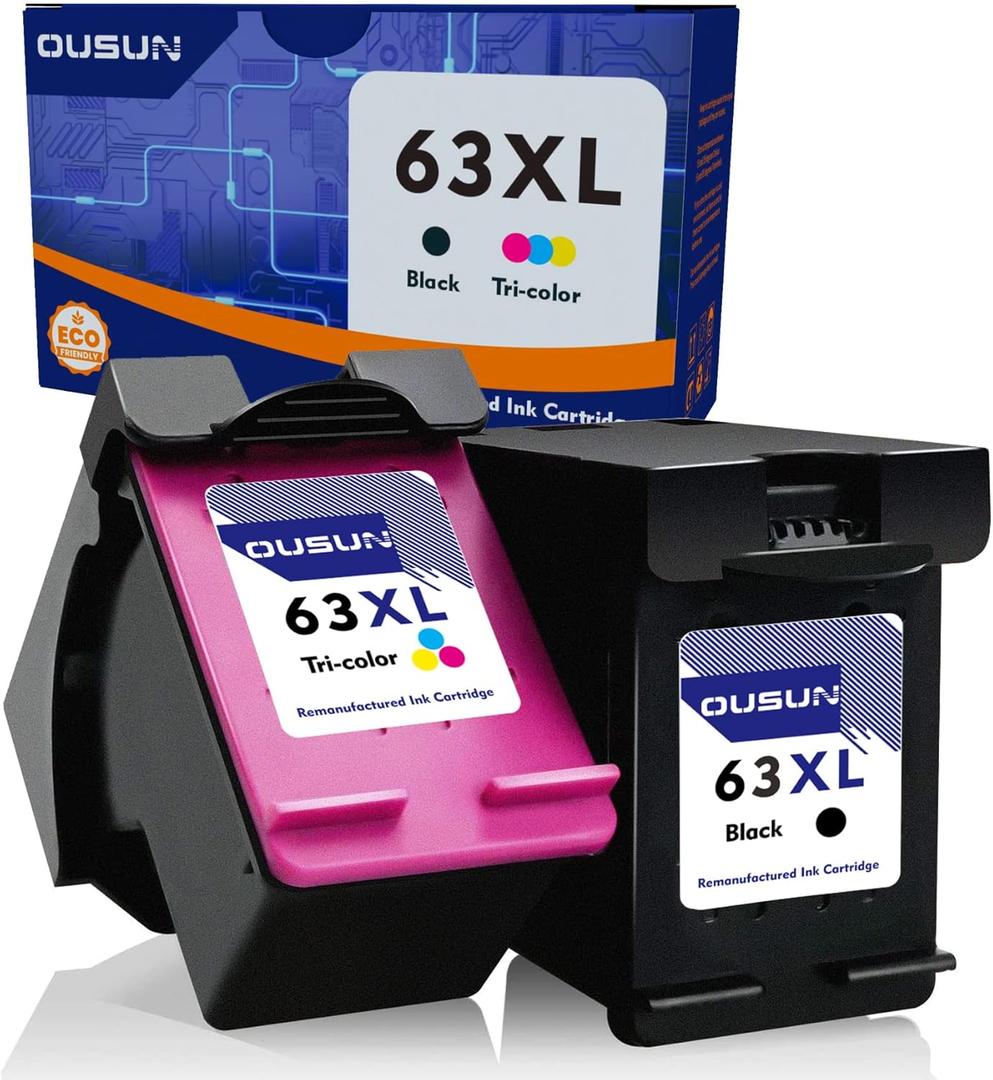 Remanufactured 63XL Black/Tri-Color Inkjet Cartridges (2-Pack) Replacement for HP Ink 63 Works with HP OfficeJet 3830 4650 5255 5258 5200 Envy 4520 4512 DeskJet 1112 3630 3632 3633 Printer