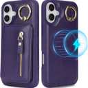for iPhone 16 Plus Phone case with Card Holder with Compatible magsafe Magnetic, Key Chain PU Leather Flip Kickstand Detachable 2-in-1 Wallet case for Apple16Plus Women Men-Purple