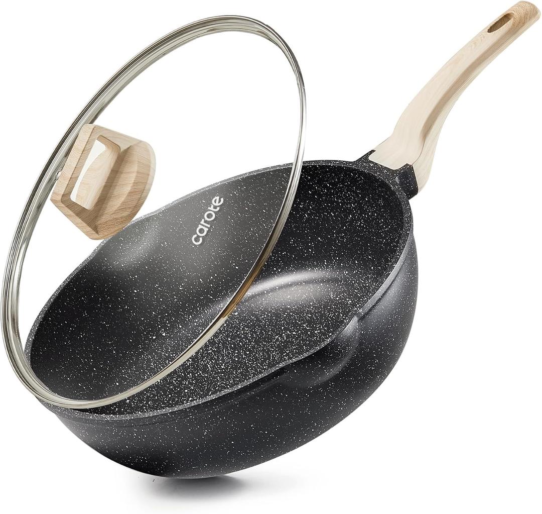 CAROTE 12 Inch Nonstick Deep Frying Pan with Lid, 5.5 Qt Jumbo Cooker Saute Pan with Pour Spout, Skillet Induction Cookware, Non Stick Cooking Pan PFOA Free, Classic Granite
