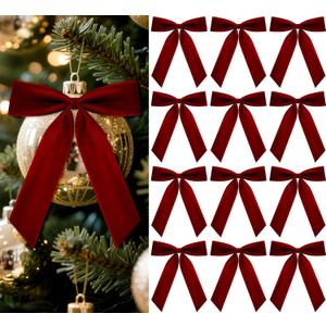 12 Pcs Burgundy Velvet Ribbon Bows 7 x 10 Inch Premade Christmas Velvet Bows with Twist Tie for Gift Wrapping Indoor Outdoor Christmas Tree Wreaths Door Windows Party Decoration