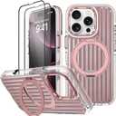 Magnetic Case for iPhone 16 Pro Case with Stand & 2X Screen Protector [Compatible with MagSafe] Military Grade Drop Protection Phone Cover with Ring Kickstand for Women Men, Pink Suitcase