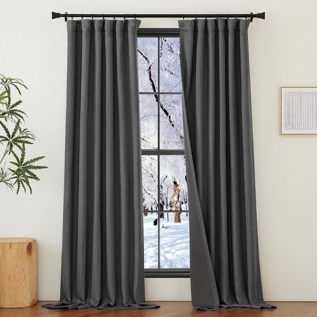 NICETOWN Faux Linen 100% Blackout Curtains 96 inches Long, Pinch Pleated Thermal Curtains Sound Proof Thick Window Treatments for Bedroom/Home Office, Charcoal Gray, W50 x L96, 2 Panels