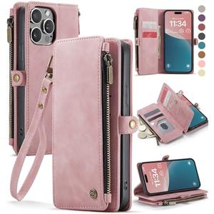 Defencase Compatible with iPhone 15 Pro Case Wallet with RFID Blocking Card Holder for Women Men, PU Leather Magnetic Snap Flip Zipper Strap Wallet Phone Case Fit for iPhone 15 Pro 6.1", Rose Pink