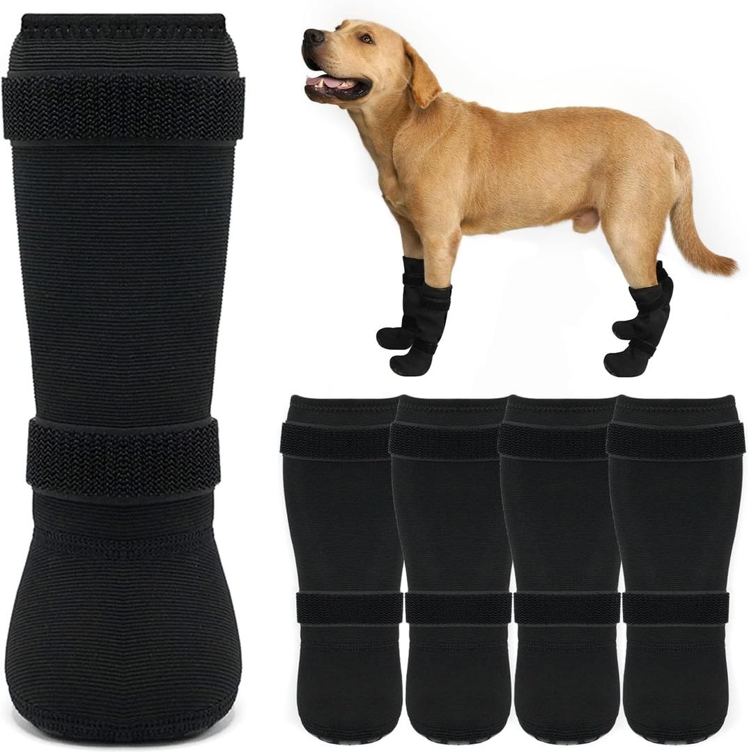 Dog Socks 4-Pack for Medium & Large Dogs, Waterproof, Wear-Resistant, Non-Slip, Prevent Licking Paws, Adjustable Straps, Anti-Falling Off, for Wooden Floors, Indoor & Outdoor Use (Black, L)