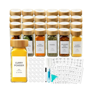 AISIPRIN Glass Spice Jars with 398 Labels, 24 pcs 4oz Spice Containers with Bamboo Lids, Square Spice Bottles With Shaker Lids,Spice Organization for Cabinet,Drawer,Rack,Seasoning Organizer