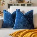 Set of 2 Navy Blue Decorative Velvet Throw Pillow Covers 20x20 Inches, Soft Neutral Accent Pillow Cases with Vintage Textured Farmhouse Couch Cushion Covers for Luxurious Home Decor