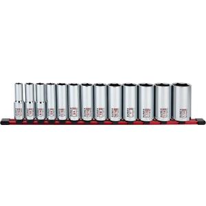 13Piece 1/2" Drive Chrome Socket Rail 6Pt SAE Deep