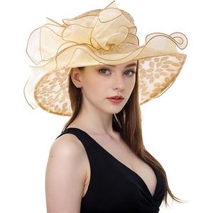 Women Derby Fascinator Hat Organza Church Wedding Tea Party Hats Wide Brim Sun Hat, 06 Gold Women Derby Fascinator Hat Organza Church Wedding Tea Party Hats Wide Brim Sun Hat, 06 Gold