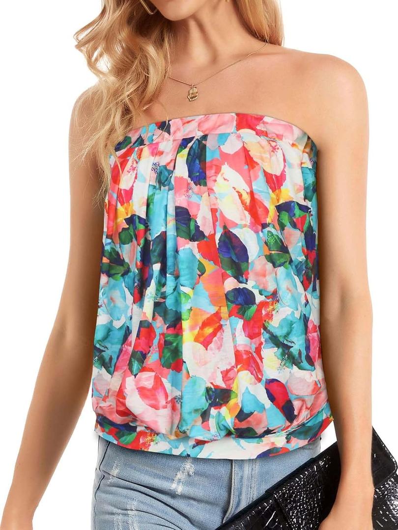Women's Tube Tops Summer Casual Bandeau Tank Casual Strapless Blouse Off The Shoulder Tunic Shirts (Colorful Leaf)