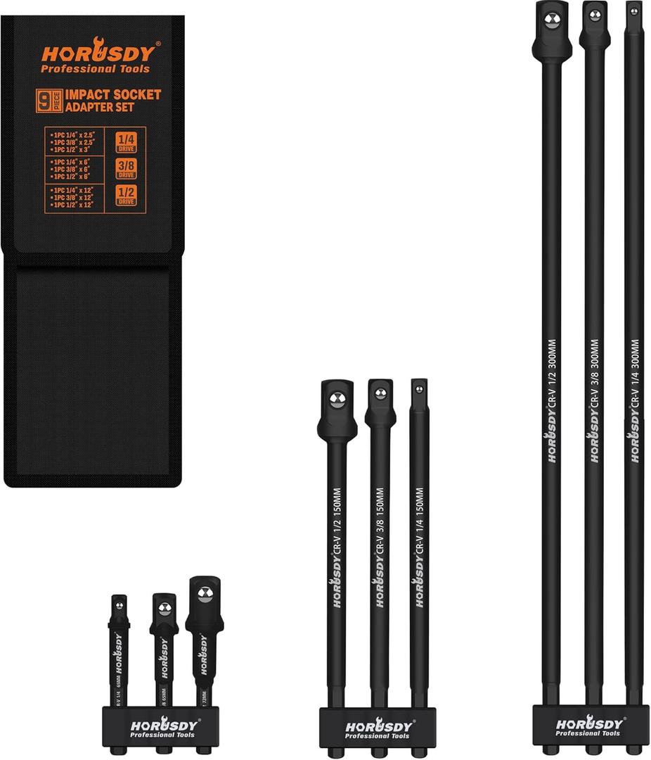 HORUSDY 9Piece Impact Socket Adapter Extension Set with Storage Pouch, 1/4" 3/8" 1/2" Drive, 3" 6" 12" Hex Shank Impact Grade Socket Adapters for Power Drill & Impact Driver
