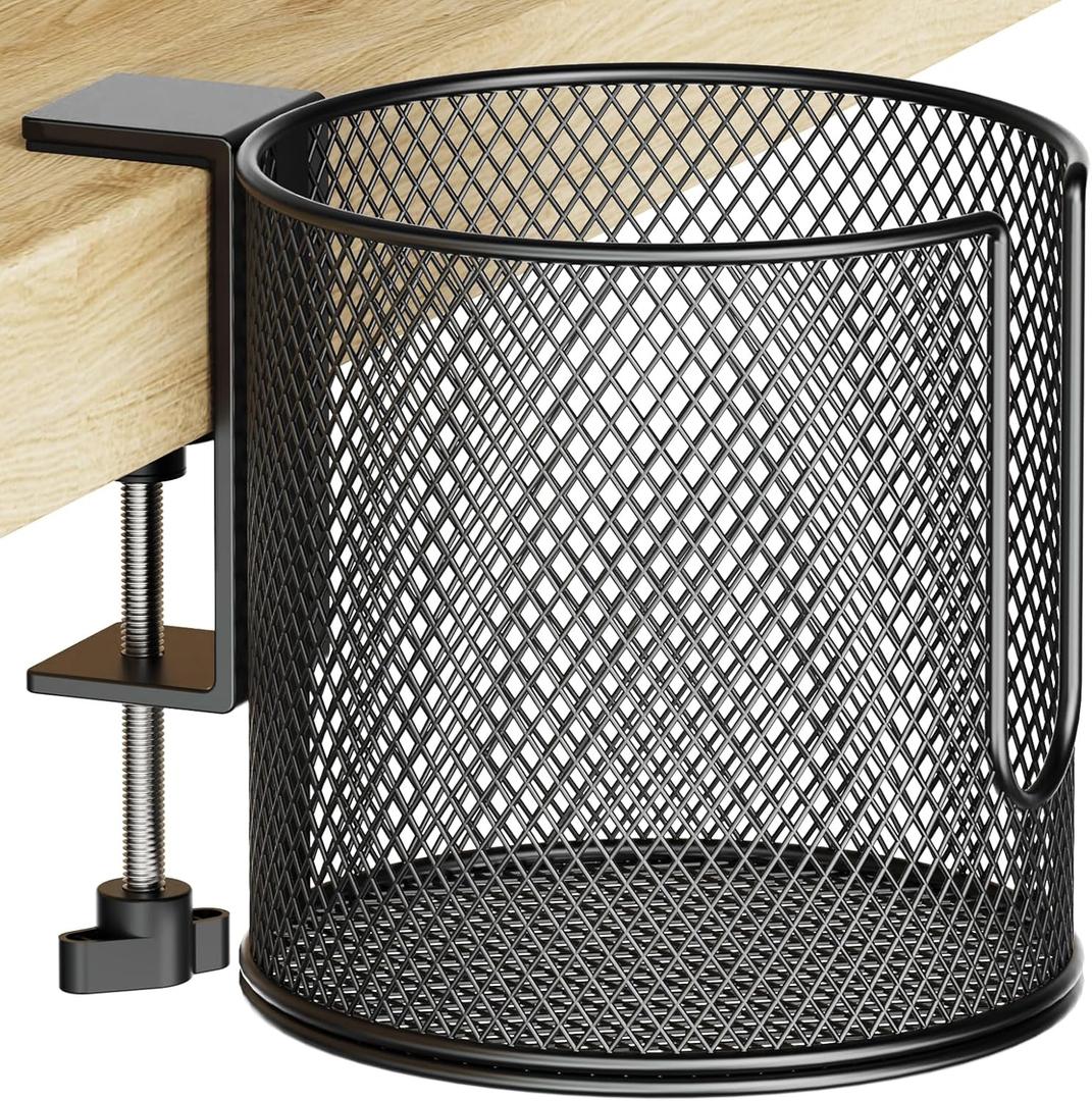 Large Desk Cup Holder, Fully Covered Anti-Spill Clip on Table Cup Holder, Office Gaming PC Desk Accessories, can Hold Universal Cup, Bottles, Mugs, Cans, Tumblers, 3.95" Inner Diameter(1 Pack Black)