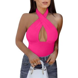 REORIA Butsmooth Women's Trendy Sexy Casual V Neck Double Lined Sleeveless Slimming Going Out Tank Top Bodysuits (Neon Rose Red, XL)