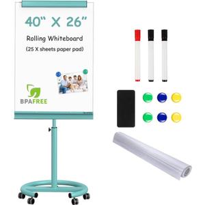 TSJ OFFICE Rolling Whiteboard Standing - 40 x 26 Inches Mobile White Board | Magnetic Dry Erase Easel with Stand/Writing Angle & Height Adjustable/Dry Erase Board on Wheels/Paper Clamp/Light Blue Framed