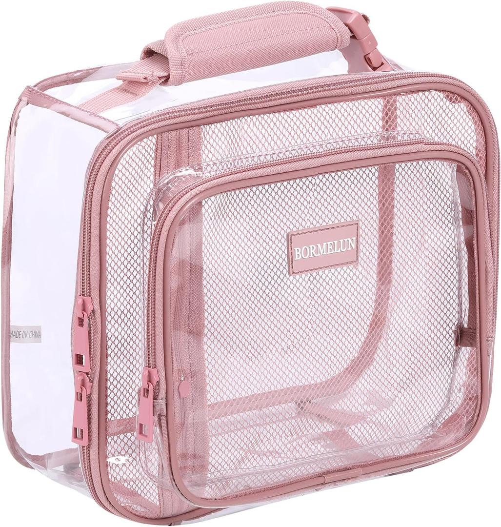 BORMELUN Clear Lunch Box for Girls Kids, Transparent Lunch Bag Perfect for School and Work with Adjustable Handle and Zipper Closure School Backpack,Pink (9.5x7.5x4 inches)