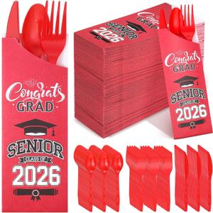 Funnymoom 400 Pcs 2026 Graduation Wrapped Silverware Bags Holder - Disposable Dinnerware Set Includes Plastic Spoons Knives and Forks, Class of 2026 Parties School Congrats Supplies(Red)