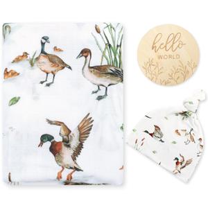 LifeTree Muslin Swaddle Blankets, Muslin Baby Boy Swaddle Blanket and Hat Set with Birth Announcement Card, Newborn Unisex Receiving Blankets Mallard Duck