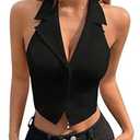SOLY HUX Women's Halter V Neck Vest Button Down Backless Crop Tank Tops Sleeveless Blazer Waistcoat Plain Black Small