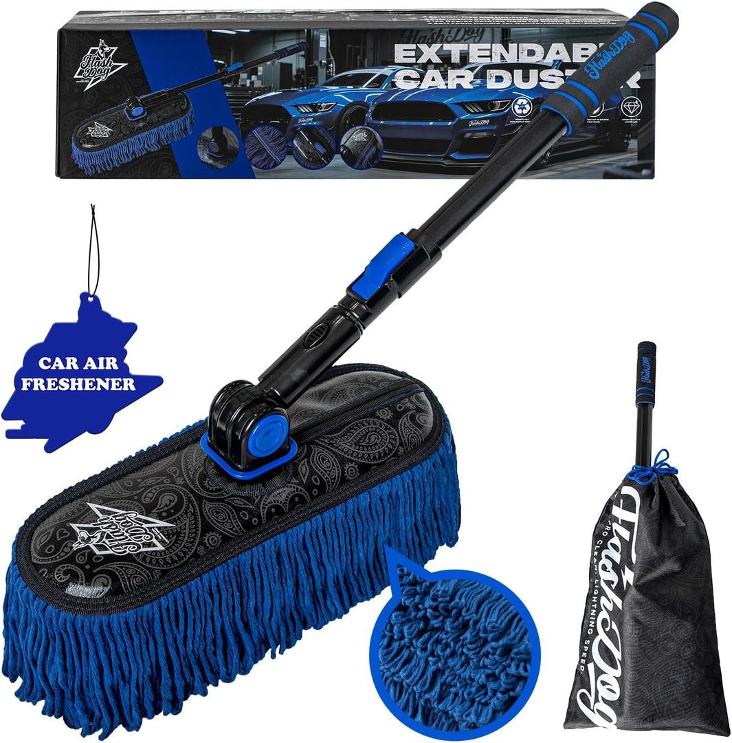 Flash Dog Car Duster Exterior - Wax Treated Cotton & Extendable Aluminum Alloy Handle Scratch Free Cleaning Brush for Cars, Trucks, SUVs, RVs, Motorcycles | Waterless Dust & Pollen Remover (Blue)