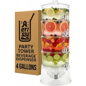 Party Tower Beverage Dispenser 4 Chambers - Large Drink Dispensers For Parties With Spigot & Lid - Plastic Drink Dispenser For Juice/Lemonade -Punch Dispenser For Parties 4 Gallon/Containers