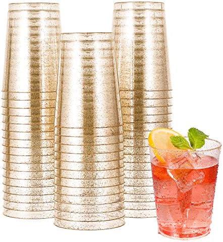 JOLLY CHEF 50 Pack 10 oz Gold Plastic Cups, Disposable Gold Glitter Plastic Cups Perfect for Wedding, Thanksgiving, Halloween,Christmas Parties