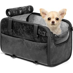 YUDODO Large Dog Car Seat for Center Console (Width >9in) Fits 10-20lbs Portable Travel Pet Car Seats with Safe Protective Hooks, Anti-Slip Pet Armrest Booster Seat, Premium PU Leather (Black)