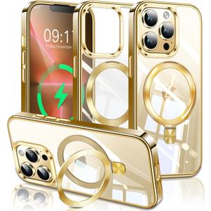 ESTPEAK Titanium Gold CD Mag-Stand Case for iPhone 13 Pro Case with Invisible Magnetic Ring, [Fit for MagSafe] [Never Yellowing] Top Clear Phone Case Cover for iPhone 13 Pro 6.1" Men Women