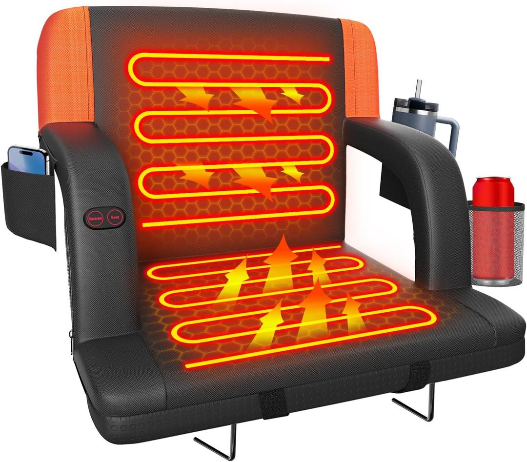 Suteck Dual-Sided Heated Stadium Seats for Bleachers with Back Support, Portable Heated Bleacher Seat with Backrest, 3 Heat Levels, 5 Pockets  Ideal for Outdoor Stadiums and Events (1PC 25in Orange)
