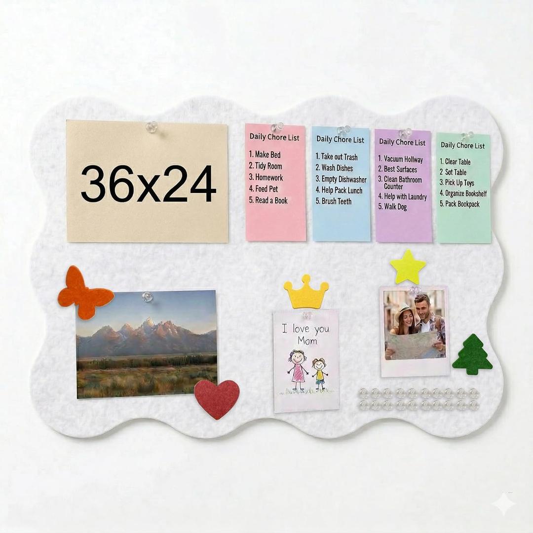 Scalloped Bulletin Board, 36x24 Scalloped Felt Bulletin Board, 3' by 2' Trifold Foldable Picture Display with 20 Pins & 5 Cute Decors - White