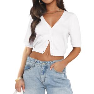Ezbelle Summer Women's V Neck Cardigan Sweater Knit Sexy Short Sleeve Tops Crop Button Down Shirt 2026 , Small White