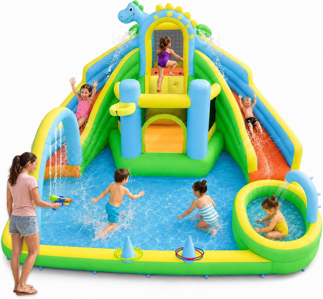 Inflatable Water Slide Bounce House, Dinosaur Theme 8-in-1 Water Park for Kids Ages 3-12 with Dual Slides, Climbing Wall, Splash Pool & Basketball Hoop, Backyard Outdoor Summer Play, 158x168x95 in, Large