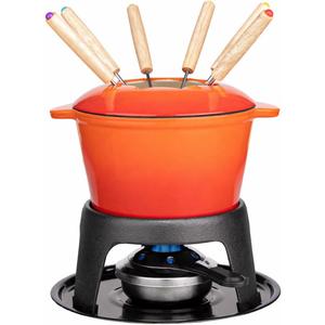 Mabeeze Cast Iron Fondue Pot Set Orange Enameled 1.6 Qt for Cheese, Chocolate, or Meat: Includes 6 Fondue Forks