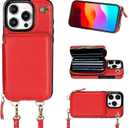 Bocasal Crossbody Wallet Case for iPhone 15 Pro, RFID Blocking Leather Purse Case with Card Holder, Protective Handbag Flip Cover with Zipper Wrist Strap Lanyard for Women 5G 6.1 Inch (Red)