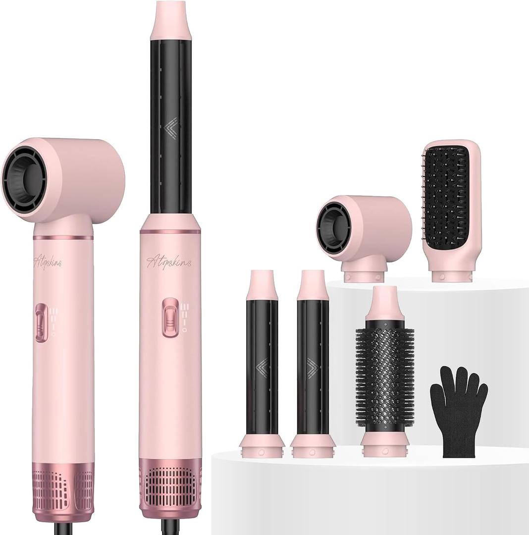 Atopskins 5 in 1 Hair Dryer Brush Set, Detachable Hot Air Styler, Blow Dryer Brush, 3 Heat Settings Auto Curling Wrap Styler, Ionic Hair Styling Tools - Straighten Curl Dry Volumize Smooth (Pink)