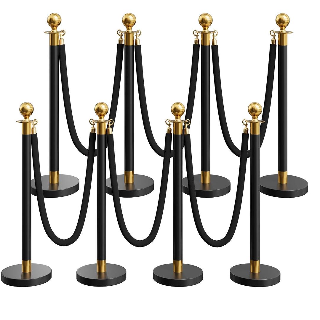8 Pack Black&Gold Stanchions and Velvet Ropes Set, Stainless Steel Crowd Control Barriers, 6Pcs Black Ropes and Poles for Party Supplies,Photobooth Accessories, Prom,Birthday,Business,Wedding, Museums