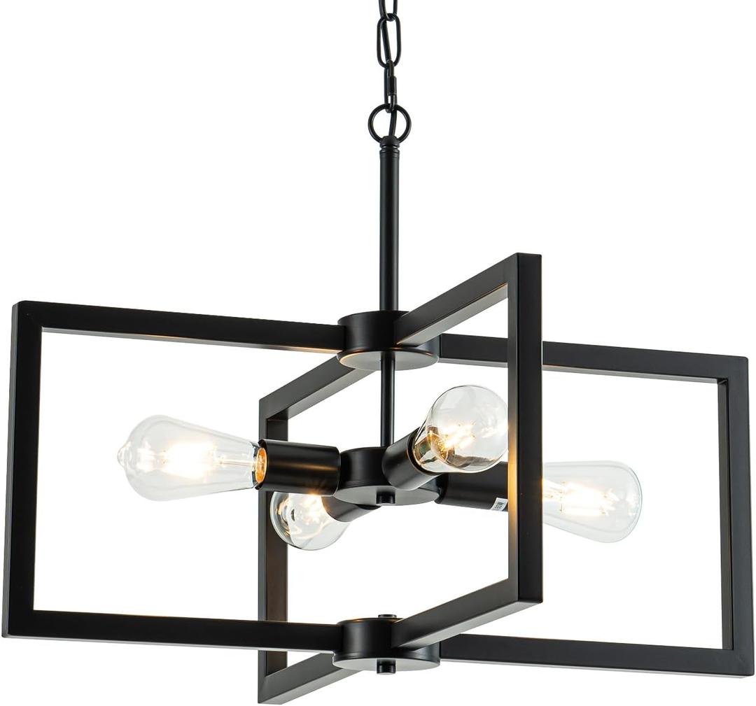 Black Farmhouse Chandelier 3-Light, 23.6" Geometric Dining Room Light Fixture,Modern Industrial Hanging Pendant Lights, Rustic Adjustable Lighting Fixtures for Entryway Foyer Kitchen,Bedroom