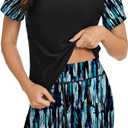 Bonneuitbebe Women's 2 Piece Rash Guard Short Sleeve UPF 50+ Swim Shirt Built in Bra Bathing Suit with Boyshorts Bottoms (Large, Green Graffiti)