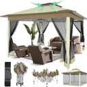 COBIZI 12x12 Pop Up Gazebos On Clearance - Upgrade Easy Up Metal Outdoor Gazebo Waterproof - Portable Gazebo with Mosquito Nettings, 4 Ropes 8 Stakes and Carry Bag for Patio Garden(Khaki)