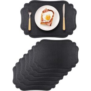 Black Placemats Set of 6 Reversible Faux Leather Place Mat Wipeable Heat Resistant Non Slip Anti Oil Waterproof Eco-Friendly Table Mats Patio Placemats for Dining Table