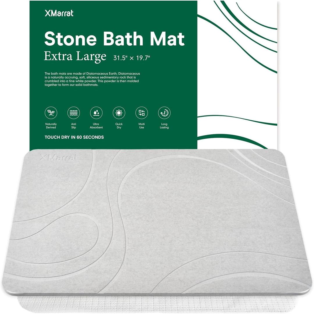 XMarrat Large Stone Bath Mat, Super Absorbent Diatomaceous Earth Bath Mat, Quick Drying Non-Slip Diatomite Stone Bath Mats for Bathroom, Easy to Clean (Light Gray, 31.5" x 19.7")