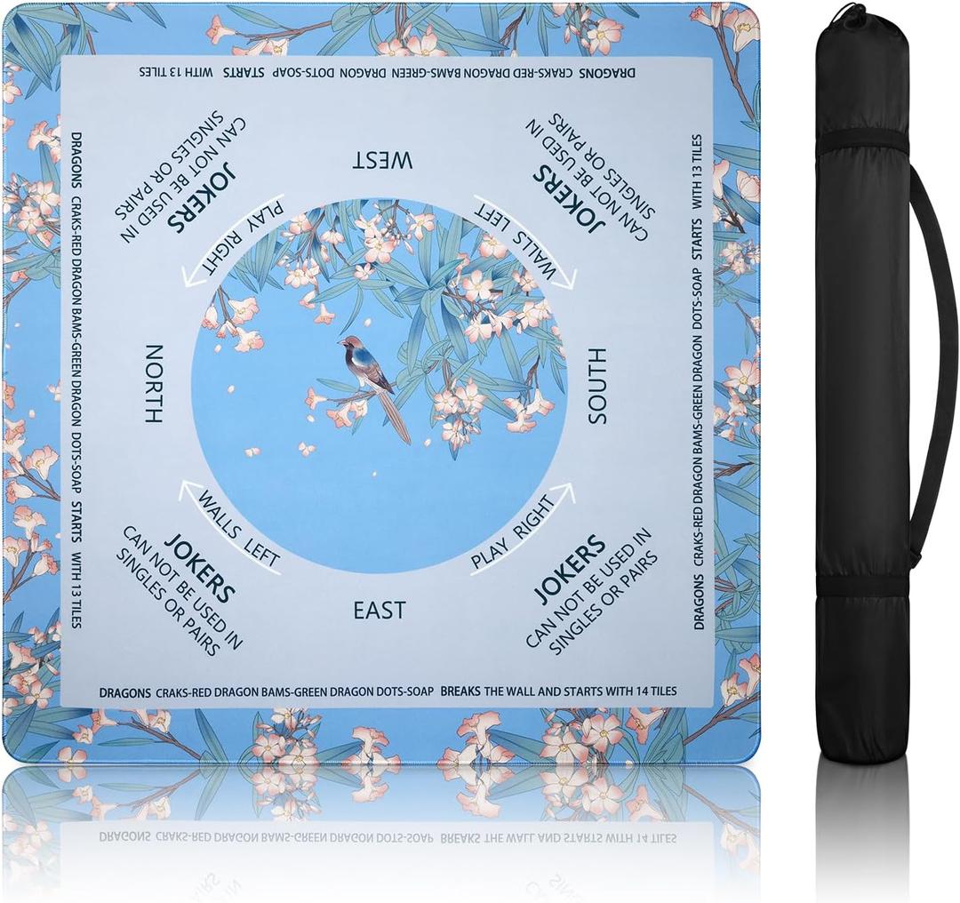 DEVPNR Mahjong Mat for Table with Rules, Noise-Reducing 32.6"x32.6" Mahjong Table Cover, Non-Slip Table Cloth for American Mahjong, Poker, Card, Board & Tile Games, Easy Storage with Travel Bag (Blue)