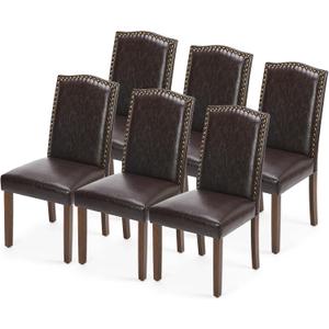 DUMOS Dining Chairs Set of 6, Moden PU Leather Kitchen Table Chairs with Wooden Legs and Padded Seat for Dining Room/Kitchen/Living Room/Restaurant, Brown, 6 Pack