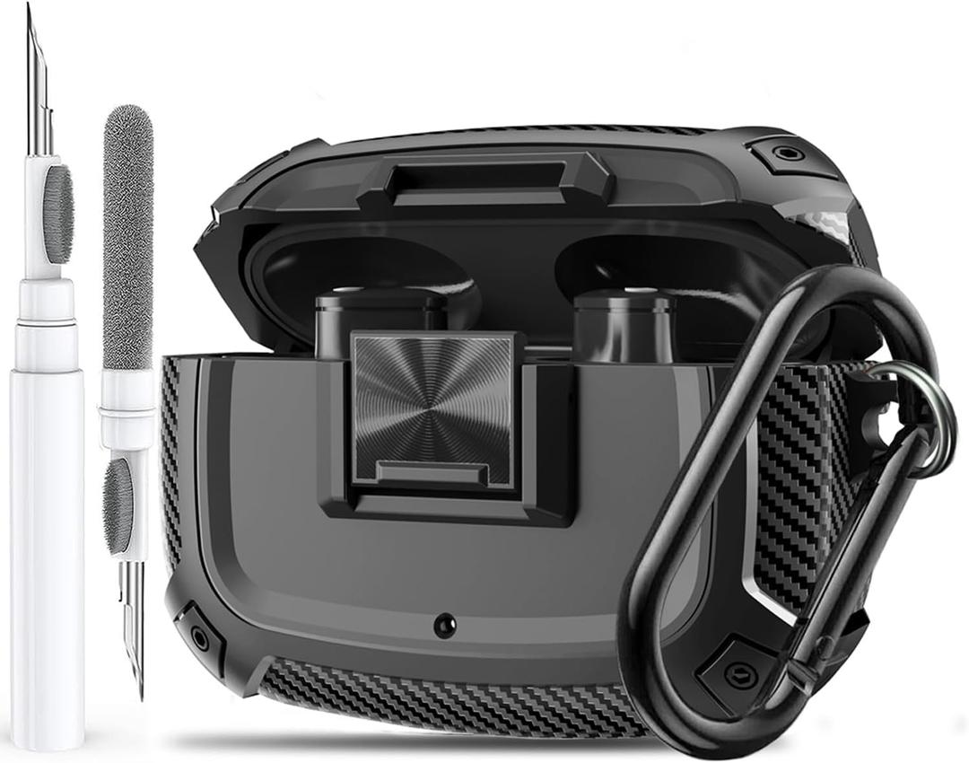 Olytop for Beats Studio Buds/Bud + Case Cover with Lock Clip 2021/2023, Rugged Shockproof Protective Hard Skin with Carabiner&Cleaner Pen Men Women for Beat Studio Buds/Bud Plus Earbuds - Black
